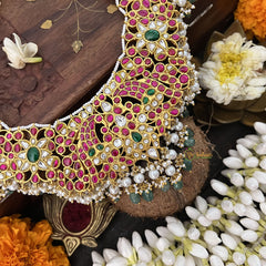 Vriksham Floral Style Kundan Jadau Short Neckpiece-Aqua Green Bead-J3381