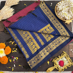 Vriksham Deep Pink With Blue Border-Vairaoosi Podi Kattam-Kalyani Cotton Saree-VS4589
