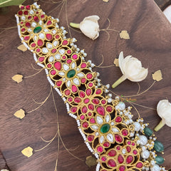 Vriksham Floral Style Kundan Jadau Short Neckpiece-Aqua Green Bead-J3381