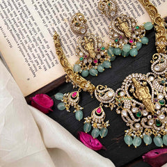 Pastel Green Bead Victorian Diamond Temple Neckpiece-Maha Vishnu -VV066