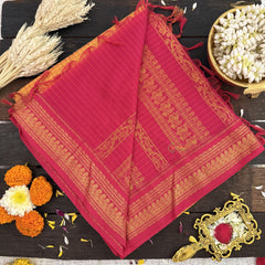 Vriksham Mango Yellow With Pink Border-Vairaoosi Podi Kattam-Kalyani Cotton Saree-VS4590