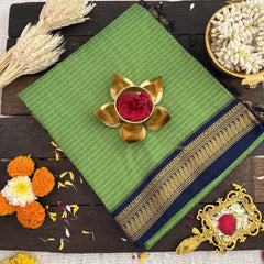 Vriksham Light Green With Blue Border-Vairaoosi Podi Kattam-Kalyani Cotton Saree-VS4591