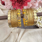 Vriksham Yellow With Lakshmi Coin & Kundan Leaf Style Silk Thread Bangle Set-G19881