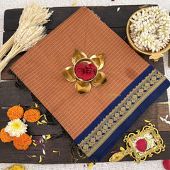 Vriksham Orange Brown With Navy Blue Border-Vairaoosi Podi Kattam-Kalyani Cotton Saree-VS4592