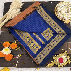 Vriksham Orange Brown With Navy Blue Border-Vairaoosi Podi Kattam-Kalyani Cotton Saree-VS4592