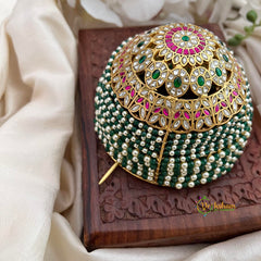 Floral Traditional Emerald Green and Pearl Moti Juda Pin Bun Cage-Vriksham-G22470