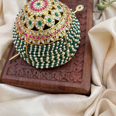 Floral Traditional Emerald Green and Pearl Moti Juda Pin Bun Cage-Vriksham-G22470