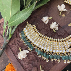 Vriksham Possibly With Floral Pendant Style Short Neckpiece-White-Aqua Green Bead-J3347