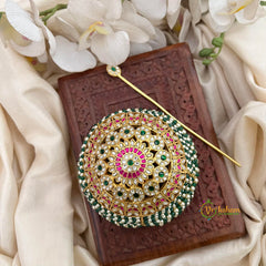 Floral Traditional Emerald Green and Pearl Moti Juda Pin Bun Cage-Vriksham-G22470