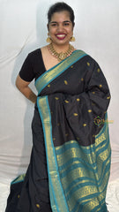 Vriksham Black With Teal Blue Border-Kalyani Cotton Saree-VS4556