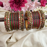 Vriksham Pink Green With Red Lotus & Kundan Style Silk Thread Bangle Set-G19884