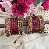 Vriksham Red Purpel With Red Lotus & Kundan Style Silk Thread Bangle Set-G19885
