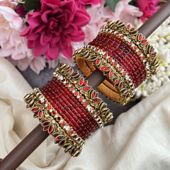 Vriksham Red Glass With Red Lotus & Kundan Style Silk Thread Bangle Set-G19886