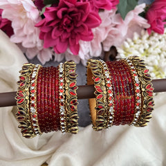 Vriksham Red Glass With Red Lotus & Kundan Style Silk Thread Bangle Set-G19886