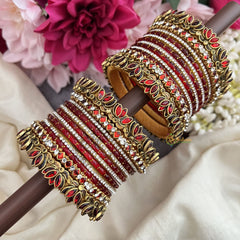 Vriksham Red & Stone With Red Lotus & Kundan Style Silk Thread Bangle Set-G19887