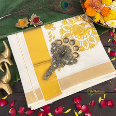 Kerala Kasavu Off-White Traditional Peacock Gold Zari Embroidery Kerala Saree-Vriksham-VS5128