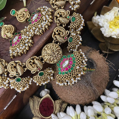 Vriksham Peacock With Gold Plated Style Kundan Jadau Short Neckpiece-Green Red-J3351