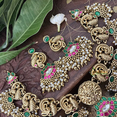 Vriksham Peacock With Gold Plated Style Kundan Jadau Short Neckpiece-Green Red-J3351