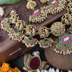 Vriksham Peacock With Gold Plated Style Kundan Jadau Short Neckpiece-Green Red-J3351