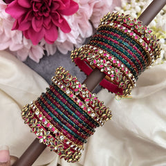 Vriksham Peacock Green & Pink Glass Bangle Set with Kundan Floral Work Silk Thread Bangle Set-G19893