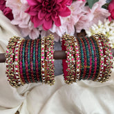 Vriksham Peacock Green & Pink Glass Bangle Set with Kundan Floral Work Silk Thread Bangle Set-G19893