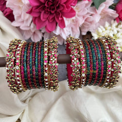 Vriksham Peacock Green & Pink Glass Bangle Set with Kundan Floral Work Silk Thread Bangle Set-G19893