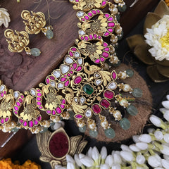 Vriksham Designer Lakshmi Side Style Kundan Jadau Short Neckpiece-Aqua Green Bead-J3385