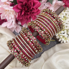 Vriksham Elegant Rani Pink & Glass Bangle Set With Kundan Accents Silk Thread Bangle Set-G19890