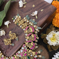 Vriksham Designer Lakshmi Side Style Kundan Jadau Short Neckpiece-Aqua Green Bead-J3385