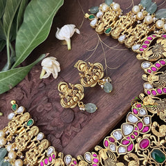 Vriksham Designer Lakshmi Side Style Kundan Jadau Short Neckpiece-Aqua Green Bead-J3385