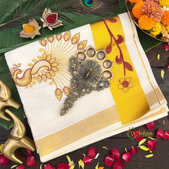 Kerala Kasavu Traditional Peacock Motif Embroidery Off-White & Gold Kerala Saree-Vriksham-VS5126