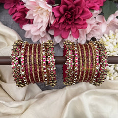 Vriksham Maroon & Gold Bridal Bangle Set with Kundan Floral Design and Sparkling Stone Silk Thread Bangle Set-G19891