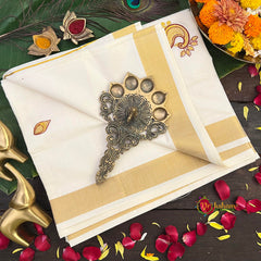 Kerala Kasavu Traditional Peacock Motif Embroidery Off-White & Gold Kerala Saree-Vriksham-VS5126