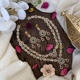 Vriksham Layered Pink, Green & White American Diamond Neckpiece-G16863