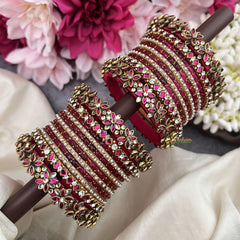 Vriksham Pink & Gold  Stone Glass Bangle Set with Kundan Floral Work Silk Thread Bangle Set-G19895