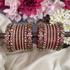 Vriksham Pink & Gold  Stone Glass Bangle Set with Kundan Floral Work Silk Thread Bangle Set-G19895