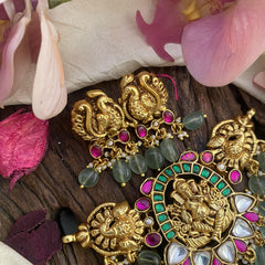 Gold Look Alike Jadau Kundan Ganpati Peandant Choker-Green-J2487