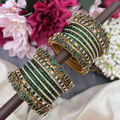 Vriksham Green & White Stone Glass Bangle Set with Kundan Floral Work Silk Thread Bangle Set-G19894