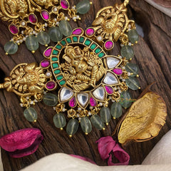 Gold Look Alike Jadau Kundan Ganpati Peandant Choker-Green-J2487