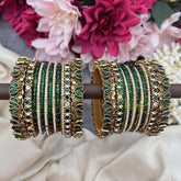 Vriksham Green & White Stone Glass Bangle Set with Kundan Floral Work Silk Thread Bangle Set-G19894