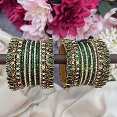 Vriksham Green & White Stone Glass Bangle Set with Kundan Floral Work Silk Thread Bangle Set-G19894