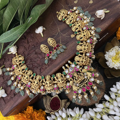 Vriksham Designer Lakshmi Style Pendant Kundan Jadau Neckpiece-Green-Aqua Green Bead-J3393