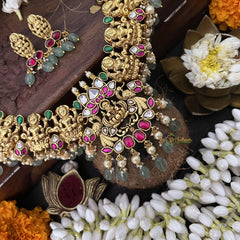 Vriksham Designer Lakshmi Style Pendant Kundan Jadau Neckpiece-Green-Aqua Green Bead-J3393