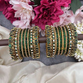 Vriksham Green & Gold Stone Glass Bangle Set with Kundan Floral Work Silk Thread Bangle Set-G19896