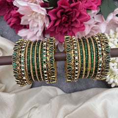 Vriksham Green & Gold Stone Glass Bangle Set with Kundan Floral Work Silk Thread Bangle Set-G19896