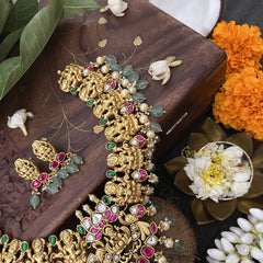 Vriksham Designer Lakshmi Style Pendant Kundan Jadau Neckpiece-Green-Aqua Green Bead-J3393