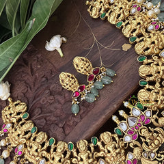 Vriksham Designer Lakshmi Style Pendant Kundan Jadau Neckpiece-Green-Aqua Green Bead-J3393