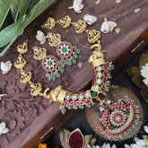 Vriksham Elephant Style With Peacock Pendant Lakshmi Kundan Jadau Short Neckpiece-White Red-Aqua Green Bead-J3449