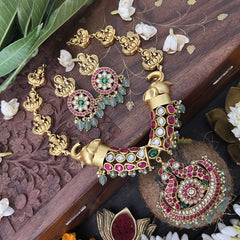 Vriksham Elephant Style With Peacock Pendant Lakshmi Kundan Jadau Short Neckpiece-White Red-Aqua Green Bead-J3449