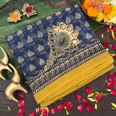 Deep Blue Hand-Block Printed Mustard Border Kota Cotton Saree-Vriksham -VS5136